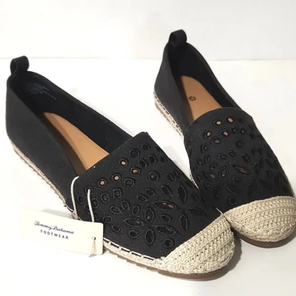 Tommy Bahama Shoes Women Selena Black Cream Eyelet Espadrilles Flat Slip On